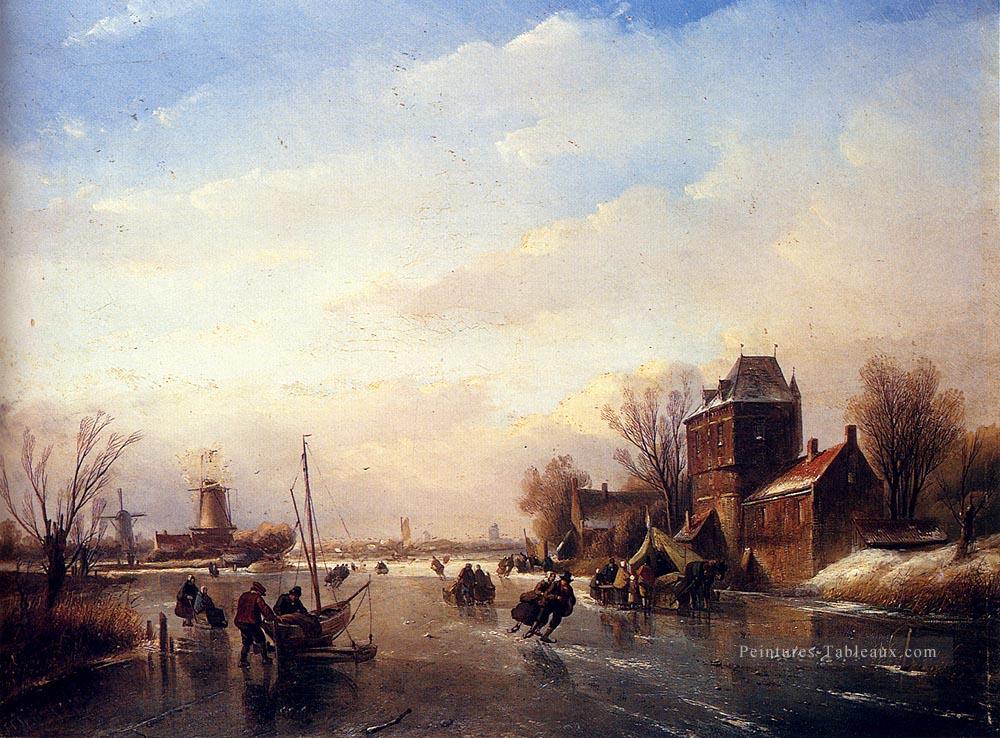 Patineurs sur une rivière gelée Bateaux Jan Jacob Coenraad Spohler Paysage Peintures à l'huile
